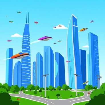A cityscape filled with sleek skyscrapers that reach high into the sky. The buildings have shiny, glass facades reflecting sunlight. Numerous flying cars zip through the air, displaying vibrant colors and streamlined designs. The sky is a bright blue, providing a clear backdrop for the bustling scene. Below, the streets are bustling with people and small vehicles, while green parks and trees provide contrast among the urban structures.