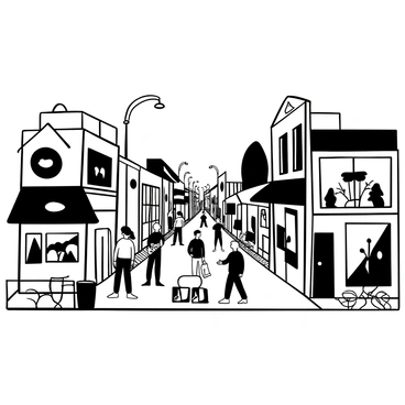A busy urban street scene filled with people walking on the sidewalk. There are various shops lining the street, each featuring distinct architectural designs. "Open" signs are prominently displayed in the shop windows. Some people are carrying shopping bags, while others are engaged in conversations. Trash cans and benches are positioned along the sidewalk, and bicycles are parked nearby. Streetlights are visible along the road, and a distant view of buildings rises in the background.