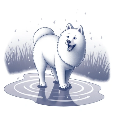 A Samoyed playing in a puddle during a rainy day, with raindrops creating ripples