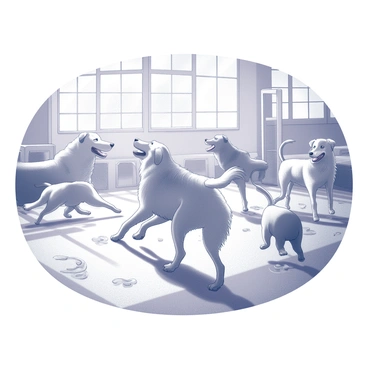 A cheerful golden retriever enjoying playtime at a bustling doggy daycare