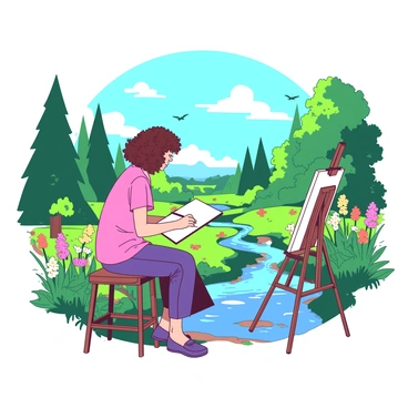 An artist with curly brown hair is sitting on a wooden stool, intently sketching a beautiful landscape on a white sketchpad. The artist is surrounded by lush green trees and vibrant wildflowers, with a clear blue sky above. A small stream flows nearby, reflecting the colors of the scenery. The artist's easel stands beside them, holding a canvas that captures the scene. A few birds can be seen flying in the distance, while a gentle breeze rustles the leaves, creating a peaceful atmosphere.