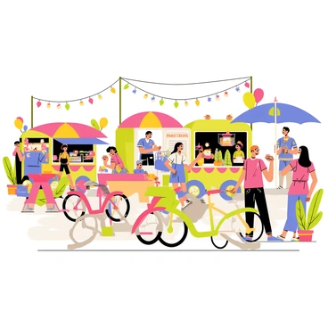 A vibrant scene of a summer festival taking place in a bustling outdoor space. The scene is filled with various decorated moto-bikes in bright colors, parked alongside stalls adorned with colorful banners and balloons. People are gathered around, some enjoying tasty food from food trucks, while others are engaged in lively conversations. There are tables with vibrant tablecloths set up under large umbrellas. The atmosphere is festive, with lights strung overhead and children playing games in the background.