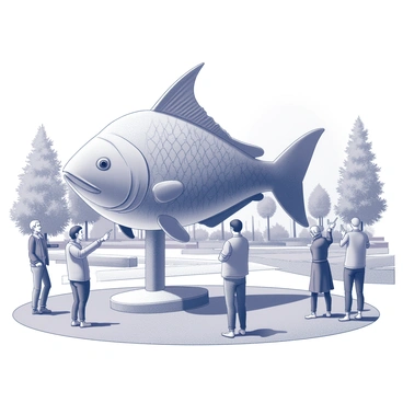 A large fish statue is prominently displayed in a public park. The statue is intricately designed, featuring detailed scales and fins that showcase exceptional craftsmanship. Surrounding the statue, several people are gathered, some pointing at the statue while others are taking photographs. A few individuals are discussing the artistry, with smiles on their faces as they admire the sculpture. The park is filled with lush greenery and well-maintained paths, adding to the inviting atmosphere of the scene.