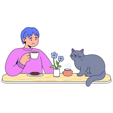 A person having fika with their pet cat on the table, with a cup of tea and a cookie