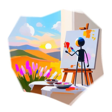A stickman artist stands in front of a large canvas, holding a paintbrush in one hand. The canvas displays a vibrant landscape with rolling hills, a bright blue sky, and a few fluffy white clouds. The artist is focused on applying strokes of various colors to depict flowers in the foreground, with splashes of red, yellow, and purple paint. The background features a sun setting behind the hills, casting a warm glow over the entire scene. The stickman is outlined simply, conveying enthusiasm and creativity in the act of painting.