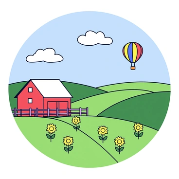 A peaceful farm landscape featuring rolling green fields dotted with patches of bright yellow sunflowers. In the foreground, there is a rustic red barn with a white roof and a wooden fence surrounding it. A single hot air balloon with a colorful pattern floats gently in the blue sky above the fields. The sun casts a warm glow over the scene, illuminating the vibrant colors of the landscape. A couple of fluffy white clouds drift lazily in the sky.