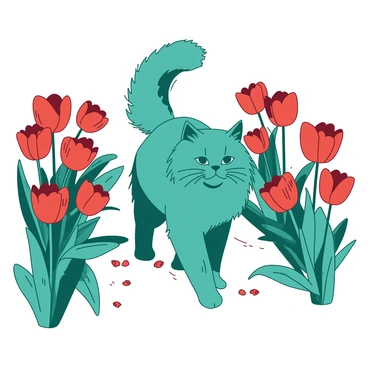 A teal Persian cat with long, flowing fur is walking gracefully along a white garden path. The path is bordered on both sides by vibrant red tulips in full bloom, their petals open wide toward the sun. The cat's tail is held high, adding to its elegant demeanor as it moves gently among the colorful flowers. Sunlight dapples the path, creating a serene atmosphere, while a few petals flutter softly in the breeze around the cat.