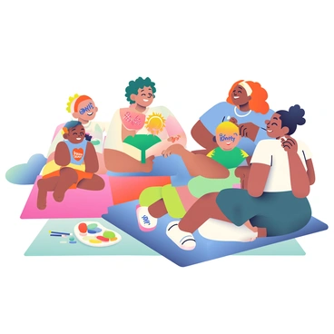 A group of children is sitting on colorful picnic blankets while getting their faces painted with rally slogans and symbols. Each child has a unique design: one child has a bright yellow sun with the words "Hope" in blue across their forehead, while another has a green tree with "Grow Together" painted on their cheeks. A third child displays a red heart with "Unity" painted on their chin. The face painter, a woman with curly hair, is concentrating as she applies vibrant colors to a child's face. Surrounding them are various art supplies, including paintbrushes and palettes filled with paint. The atmosphere is lively and filled with joy, with some children laughing and others eagerly showing off their painted faces.