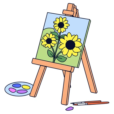 An artist's easel made of wood with a natural finish. The easel holds a rectangular canvas featuring a vibrant painting of a bouquet of yellow sunflowers. The sunflowers are depicted with bold, bright petals and dark centers. The background of the painting is painted in soft greens and blues, enhancing the colors of the flowers. The easel stands on a simple wooden floor, and there are paintbrushes and a palette with various colors placed nearby.