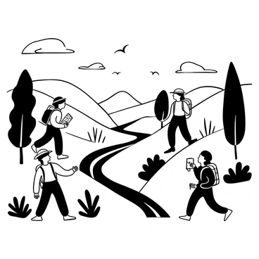 A group of travelers of different genders walking along a winding path in a picturesque landscape. They are surrounded by rolling hills and tall trees, with a river flowing gently nearby. Some travelers are pointing at the scenery, while others are taking notes or sketching in notebooks. Their backpacks are filled with supplies, and they are dressed in outdoor clothing, including hats and sturdy footwear. A few birds can be seen flying above, and the sky is clear with a few fluffy clouds scattered throughout. The overall scene conveys a sense of adventure and exploration.