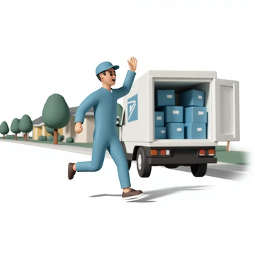 A mailman, wearing a blue uniform with a matching cap and brown shoes, is sprinting energetically toward an outgoing mail truck. The truck is parked with its back open, revealing several large blue mail bags inside. The background shows a green suburban street with a row of houses and trees lining the sidewalk. The mailman's expression is focused and determined, as he raises one hand to wave at the driver, who is looking back from the truck with a surprised expression. The scene captures motion, with the mailman's feet lifting off the ground and a slight blur indicating speed.