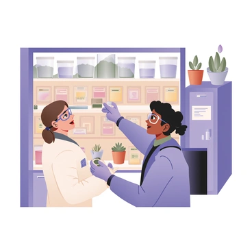 A digital flat illustration depicting a scene inside a seed bank. In the center, two scientists are carefully placing small packets of seeds onto a shelf filled with organized compartments. One scientist, on the left, has light skin and short brown hair, wearing a white lab coat and safety goggles. The other scientist, on the right, has medium skin and curly black hair, dressed in a blue lab coat and gloves. Surrounding them are various plants in clear containers and a large window showing a green landscape outside. The interior has shelves filled with labeled seed packets and scientific equipment, creating a focused atmosphere of research and preservation.