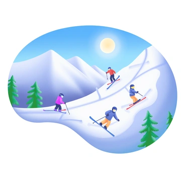 A snowy mountain slope with ski tracks winding down the side. In the foreground, several skiers are actively descending, wearing colorful ski gear including bright red, blue, and yellow jackets. They are in various ski poses, showcasing their skills. Above them, a bright winter sun illuminates the scene, casting shadows on the snow. The sky is clear and blue, creating a vibrant contrast against the white snow. Snow-covered trees are visible on the sides of the slope, adding to the winter landscape.