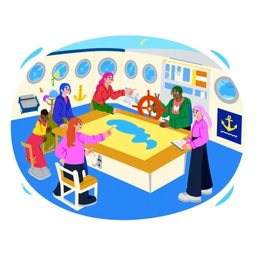 A group of "gesugao ship girls" is gathered around a large navigation table, each girl focused on their tasks. One girl with long blue hair points at a detailed map spread out before them. Another girl with short pink hair adjusts a large ship's wheel with determination. A third girl with green hair stands nearby, holding a clipboard and taking notes. The room is filled with nautical decorations, including ropes, anchors, and compasses, giving it a maritime atmosphere. Sunlight streams through porthole windows, illuminating the girls and the map, creating a sense of teamwork and cooperation as they navigate their fleet.
