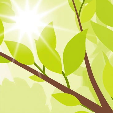 A tree branch with several tender green leaves budding out. The leaves are bright and fresh, showcasing a variety of shades of green. The branch appears slightly bent under the weight of the new growth, and the background is a soft blur of other foliage, emphasizing the vibrant leaves. Sunlight filters through the leaves, creating gentle highlights and shadows on the branch.