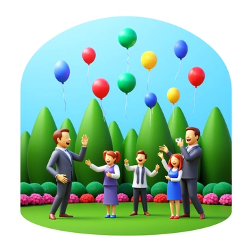 Party guests in formal attire are releasing colorful balloons into the sky. The balloons in shades of red, blue, yellow, and green are floating upwards against a clear blue sky. The garden is adorned with vibrant flowers and neatly trimmed bushes, providing a lush green background. Some guests are laughing and smiling as they watch the balloons ascend, while others are taking pictures. The scene captures a joyful celebration in a bright and cheerful environment.