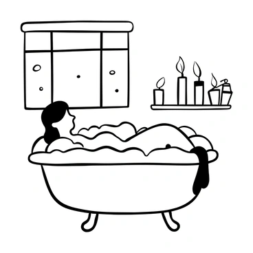 A person reclining in a bubble bath filled with foamy bubbles and surrounded by flickering candles on the edge of the tub. The bathroom features a large window allowing light to filter in, casting soft shadows. A few bath products are organized neatly on a small shelf nearby. The candles vary in height and shape, emitting a warm glow, creating a tranquil atmosphere in the space.