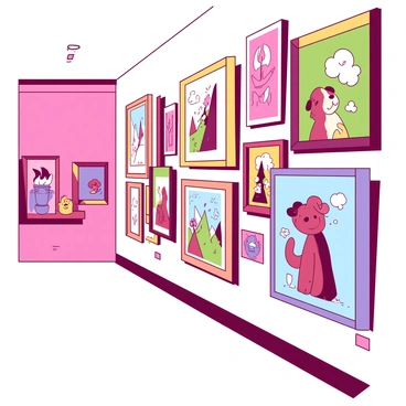 A close-up view of a wall in an art gallery displaying a series of whimsical illustrations. The wall is painted in a color_1 shade, providing a vibrant background for the illustrations. Each illustration features playful characters and imaginative scenes, framed in color_2 frames that contrast with the wall. The frames are arranged in an organized pattern, creating a visually engaging display. The lighting highlights the details of each illustration, enhancing the whimsical elements present in them.