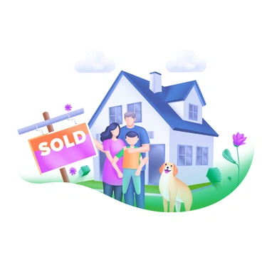 A modern pastel illustration depicting a family standing proudly in front of their newly purchased home. The family consists of four members: a mother, a father, a child, and a pet dog. The house is a charming two-story structure with a light blue exterior and white trim. In front of the house, there is a large "Sold" sign prominently displayed on a wooden stake. Surrounding the scene are a few blooming flowers and small bushes, adding a touch of greenery to the cheerful atmosphere. The sky is clear with a few fluffy clouds, enhancing the sense of joy and accomplishment.
