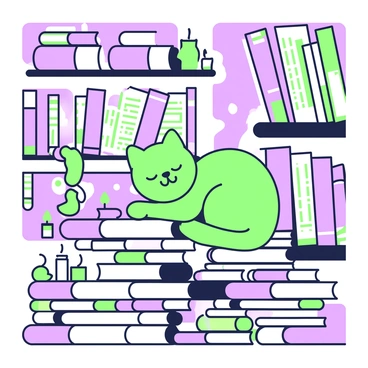 A cat with soft fur is curled up on a pile of books in a library. The books are stacked in various sizes, with some open, revealing pages filled with text. The cat has its eyes closed, resting peacefully. Surrounding the pile of books, there are several candles that emit a soft glow, casting light and shadows on the nearby shelves. The shelves are filled with more books, some leaning, and others standing straight, creating a cozy atmosphere in the dimly lit space. The warm light from the candles highlights the textures of the books and the cat's fur.