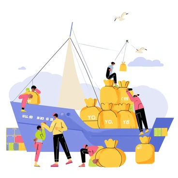 A bustling port scene with workers in colorful clothing loading large sacks of "cacao beans" onto a ship. The ship has a bright blue hull and a white sail that is partially unfurled. The workers are using ropes and pulleys to lift the heavy sacks, while a few are stacking them carefully on the ship. In the background, there are several cargo containers and a clear blue sky. Seagulls are flying overhead, adding to the lively atmosphere of the port.