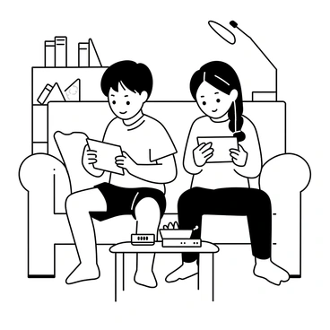 Twin siblings each focused on their own tablet, sitting side-by-side on a couch