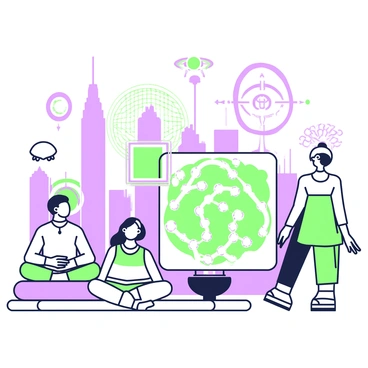 A futuristic cityscape filled with tall, sleek buildings and advanced technology. In the foreground, a group of people are engaged in various activities, each exhibiting a calm expression as they utilize their pineal glands for enhanced perception. One individual is sitting cross-legged on a floating platform, eyes closed, with visible energy waves radiating from their forehead. Another person is standing, observing holographic displays that project vivid images of interconnected data. Nearby, a third individual is walking, surrounded by ethereal light, as they interact with virtual elements in the environment. Above them, an array of drones moves seamlessly through the air, adding to the advanced atmosphere. The scene captures a blend of human ingenuity and an enhanced understanding of reality.