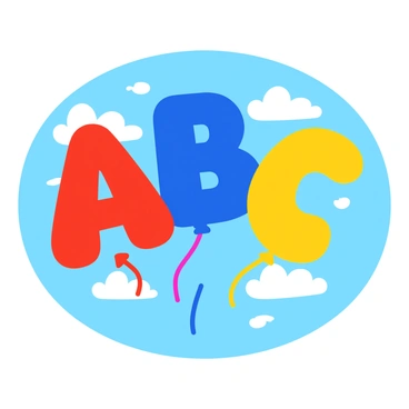 Three balloons in the shapes of "A", "B", and "C" are floating gently in a sunny, clear blue sky. The "A" balloon is bright red, the "B" balloon is vibrant blue, and the "C" balloon is cheerful yellow. Each balloon is tethered with colorful strings that sway lightly in the breeze. Fluffy white clouds are scattered in the background, adding depth to the scene. The sun shines brightly, casting soft shadows below the balloons.