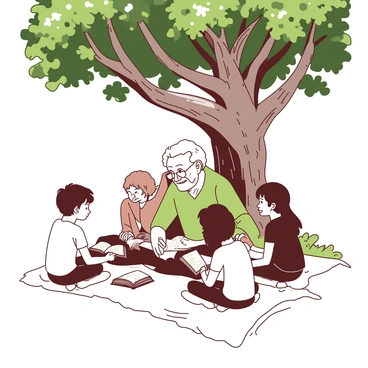 An elderly person with gray hair and a warm smile is sitting on a blanket underneath a large oak tree. The gnarled branches of the tree create a natural canopy overhead, providing shade. Surrounding the elderly person are several children, who are sitting cross-legged, listening intently. The children have expressions of curiosity and delight as they engage with the stories being shared. Some of the children are holding small books, while others are leaning closer to hear better. Sunlight filters through the leaves of the oak tree, creating a dappled pattern on the ground around them.