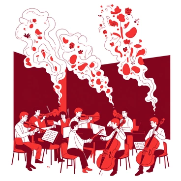 A red symphony orchestra is performing on stage, with musicians playing various instruments. Each instrument, such as a violin, trumpet, and flute, is releasing fragrant clouds that swirl into the air. The fragrant clouds are transforming into colorful shapes, including flowers, musical notes, and abstract figures. The musicians are focused on their performance, while the audience watches in amazement as the colorful shapes dance above the orchestra, filling the space with a vibrant atmosphere.