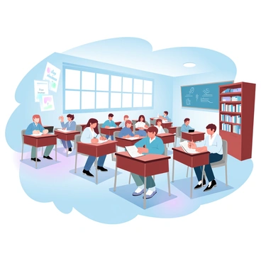 A classroom filled with desks arranged in neat rows. Several students are sitting at the desks, each absorbed in their individual study materials. One student is writing in a notebook while another is examining a textbook. Near the window, a student is reviewing a stack of papers. On the walls are motivational posters and a chalkboard with diagrams. Sunlight streams in through the windows, creating a warm and inviting atmosphere. A large bookshelf filled with books stands in one corner of the room.