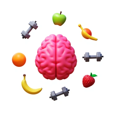 A healthy brain surrounded by fruits and dumbbells, symbolizing a lifestyle preventing aneurysms