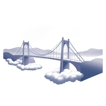 A bridge constructed from radiant beams of light, stretching across an expanse. The design features intricate arches and spans, creating a sense of elegance and grace. Surrounding the bridge, a serene landscape includes distant silhouettes of mountains and softly curving hills. In the foreground, feathery clouds float gently, contributing to the ethereal atmosphere. The bridge serves as a symbolic pathway, highlighting the theme of connection and unity.