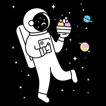 An astronaut in a white space suit, with a helmet reflecting distant stars, is floating in the vastness of space. The astronaut is holding a banana split dessert with three scoops of ice cream, topped with whipped cream and a cherry, in one hand. The backdrop features a deep black sky dotted with twinkling stars and a colorful planet visible in the distance. The scene captures the surreal contrast of a sweet treat amidst the cosmos.