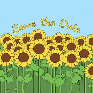 A vibrant field filled with tall sunflowers stretching under a clear blue sky. Each sunflower blooms with bright yellow petals and a large brown center. Among the flowers, some petals are creatively arranged to spell out "Save the Date" in a flowing script, using the natural curves of the sunflower petals. The scene is alive with a gentle breeze that slightly sways the flowers, creating a dynamic and playful atmosphere. Green leaves emerge prominently around the sunflowers, adding to the lushness of the field. The overall image captures a cheerful and inviting essence.