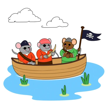 A group of four mice dressed in colorful pirate outfits, each wearing tiny hats and eye patches. One mouse, with gray fur, holds a small wooden sword while standing at the front of the boat. Another mouse, with brown fur, is steering the walnut shell boat with a mini steering wheel. The boat is floating on a clear blue surface representing the sea, surrounded by a few patches of green seaweed. A small flag with a skull and crossbones waves in the wind atop the walnut shell. In the background, fluffy white clouds drift across a bright sky, enhancing the adventurous atmosphere.