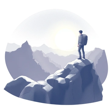 A hiker stands on a rocky mountain peak, gazing towards the horizon where the sun is rising. The sky displays a gradient of hues as the first light breaks, illuminating the landscape. The hiker is wearing a backpack and has a focused expression, with their silhouette sharply defined against the brightening sky. Surrounding the peak are rugged cliffs and distant mountains, visible in the early morning light. The atmosphere conveys a sense of adventure and achievement.