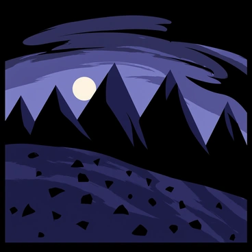 A dark landscape featuring jagged mountains with sharp peaks protruding against a twilight backdrop. The sky above is swirling with shades of deep purple and ominous black, creating a sense of movement. Wispy clouds twist and spiral, while a pale moon casts an eerie glow over the scene. A rocky foreground scattered with sharp stones leads the viewer's eye towards the towering mountains in the distance.