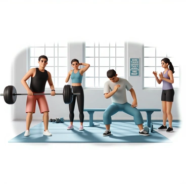 A group of four fitness enthusiasts performing barbell row exercises in a modern gym. One man, wearing a black tank top and red shorts, is demonstrating the exercise with a barbell, focusing intently. Next to him, a woman in a blue sports bra and black leggings is also lifting a barbell, showcasing her strength. Another man, dressed in a gray t-shirt and blue joggers, is preparing for his turn, adjusting the weights on the barbell. The last participant, a woman in a purple tank top and black shorts, is cheering them on, clapping her hands. The gym features large windows with natural light pouring in, modern equipment surrounding them, and motivational posters on the walls.