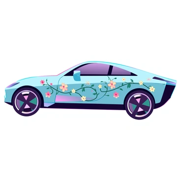 A sleek car outline with smooth, aerodynamic curves and sharp edges. The body of the car features intricate floral patterns, incorporating blooming flowers and twisting vines that wrap around the exterior. The colors of the floral designs include vibrant greens, pinks, and yellows, creating a striking contrast against the car's metallic surface. The wheels are modern and stylized, complementing the overall design. The car is set in a neutral position, allowing the floral patterns to be the primary focus of the image.