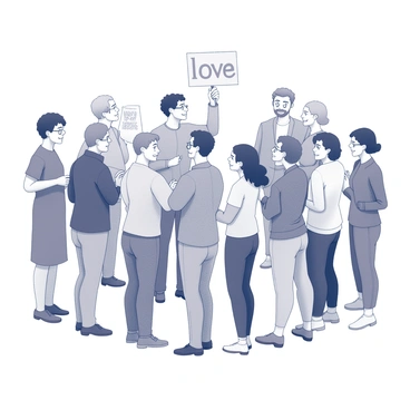 A diverse group of individuals gathered in a circle, each person expressing their unique identity. One person is holding a sign with the word "love" prominently displayed. Another individual's sign features the word "peace," symbolizing harmony. The group includes individuals of varying ages, genders, and ethnic backgrounds, contributing to a sense of unity. Each person stands confidently, with expressions reflecting their commitment to the virtues they represent. The background is minimal, emphasizing the connection and purpose of the group.