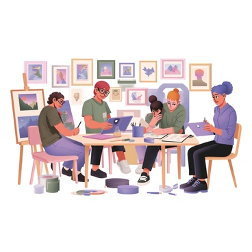A digital flat illustration depicting a diverse team of artists in a brightly lit studio environment. Each artist is focused on their own unique piece of artwork. On the left, a woman with long brown hair is painting a vibrant landscape on a canvas, her easel is surrounded by colorful paint tubes and brushes. Next to her, a man with glasses and curly black hair is working on a digital tablet, displaying an abstract design on the screen. In the center, a person with short blue hair is sculpting a figure from clay, with tools scattered around them. On the right, a woman with red hair is sketching a character design in a notebook, with pencils and erasers neatly arranged beside her. The walls are adorned with various completed artworks, showcasing the individuality and creativity of each team member.