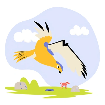 A falcon with sharp, vibrant feathers is diving steeply toward its target, which is a small, unsuspecting animal on the ground. The falcon’s wings are fully extended, showcasing its powerful build. Below, the landscape features patches of green grass and scattered stones. The background displays a bright blue sky with a few fluffy white clouds, creating a vivid contrast with the falcon's colors and the earth below.