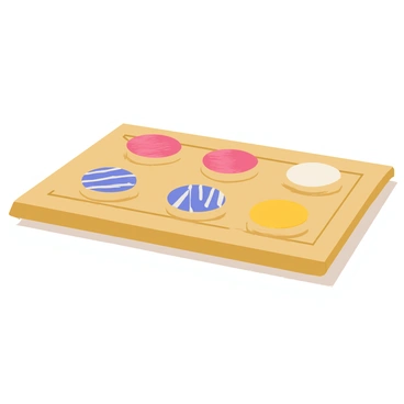 A wooden tray displaying 8 round cookies arranged neatly. Seven of the cookies are decorated with colorful icing in various patterns, showcasing a variety of bright colors, including pink, blue, and yellow. One cookie remains plain, representing the fraction 8/7. The cookies are evenly spaced on the tray, and there is a soft shadow cast beneath the tray to give depth to the scene.