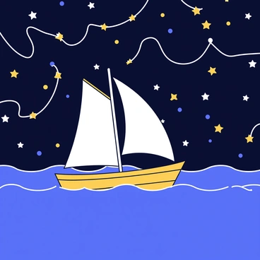 A sailboat with white sails is gliding through a dark blue sea filled with shimmering stars. The boat has a wooden hull and a tall mast that reaches towards the sky. Surrounding the boat, constellations are depicted as bright, wavy lines of stars that create flowing patterns resembling ocean waves. The background is filled with countless twinkling stars, creating a vast sense of space.