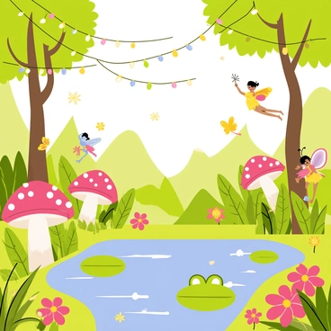 A mural depicting a fairy garden filled with lush green foliage and colorful flowers. Tiny fairies with delicate wings are fluttering around, engaged in various activities. There are several oversized red and white mushrooms scattered throughout the garden. Twinkling lights are strung between the trees, creating a magical atmosphere. The scene includes a small pond reflecting the lights, with a few playful frogs perched on the lily pads. Brightly colored butterflies are also gently flying through the air, adding to the whimsical charm of the garden.