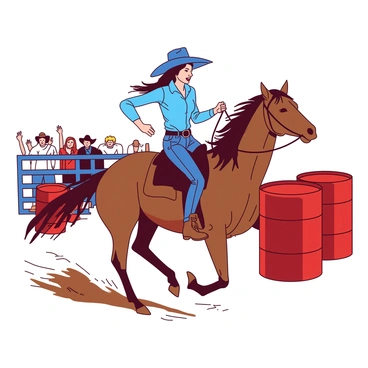 A blue cowgirl with a wide-brimmed hat is fiercely gripping the reins as she rides her brown horse at full speed around a series of three bright red barrels. The horse's mane is flowing in the wind, showcasing its powerful build as it leans into the turn. Dust is kicking up beneath the horse's hooves, capturing the intensity of the high-speed rodeo event. In the background, a cheering crowd can be seen, adding to the atmosphere of excitement and competition. The cowgirl is wearing denim jeans and leather boots, her focused expression emphasizing the thrill of the race.