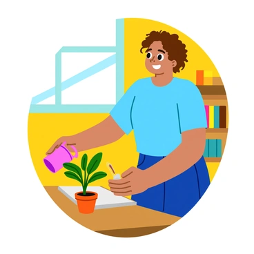 A person with curly brown hair is watering a small green plant in a colorful pot placed on a wooden table. The person's attire is casual, featuring a light blue t-shirt and denim shorts. Sunlight streams through a nearby window, casting soft shadows on the table. The walls of the room are painted a warm yellow, and a small bookshelf filled with various books is visible in the background. The plant has broad leaves and appears vibrant, symbolizing care and growth. The person has a focused expression, highlighting the act of nurturing.