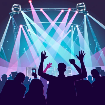 A dynamic scene of a live concert with a large audience cheering. The stage is filled with musicians playing instruments, embodying energy and movement. Bright, colorful lights are shining from various angles, creating a dazzling display across the crowd. The atmosphere is electric, as fans wave their hands and dance, with some holding up their phones to capture the moment. In the background, speakers and amplifiers are visible, contributing to the immersive experience.