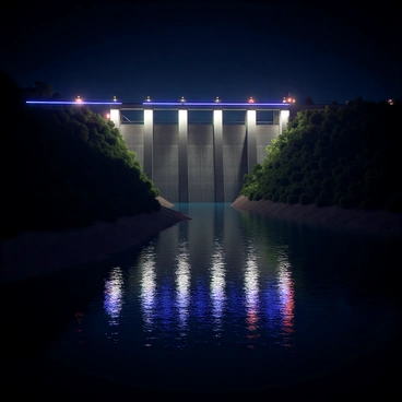 A large dam made of concrete and stone, standing tall against the night sky. The structure is illuminated by a series of bright, colorful lights that highlight its architectural features. The lights create a shimmering effect on the water below, causing reflections that dance and ripple across the surface. The surrounding area is dark, emphasizing the glow of the dam and its surroundings.